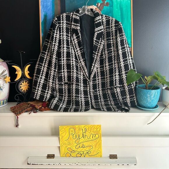 Vintage Chic Black and White Tweed Plaid Blazer 13 - Picture 1 of 16